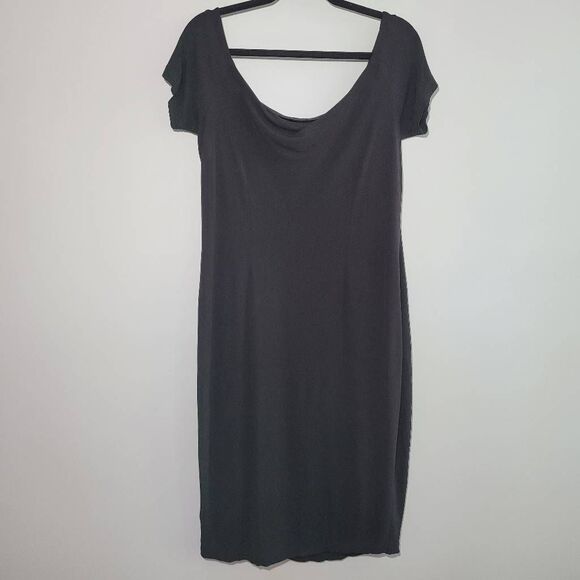 Vintage 90s large black off the shoulder midi dress slinky fabric goth minimalis - Picture 1 of 11